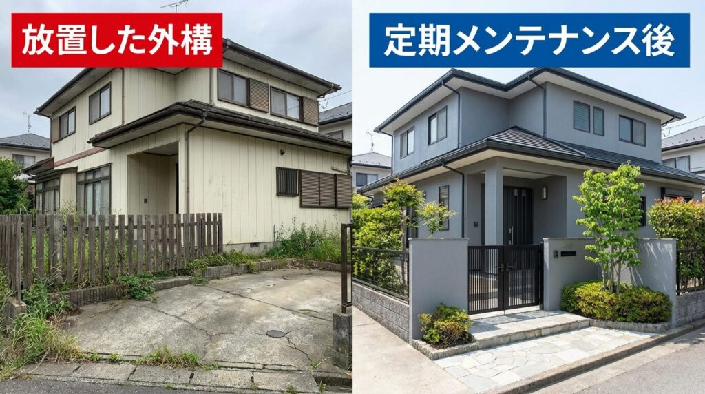 外構メンテナンスが必要な理由-放置した外構と手入れされた外構のビフォーアフター比較写真