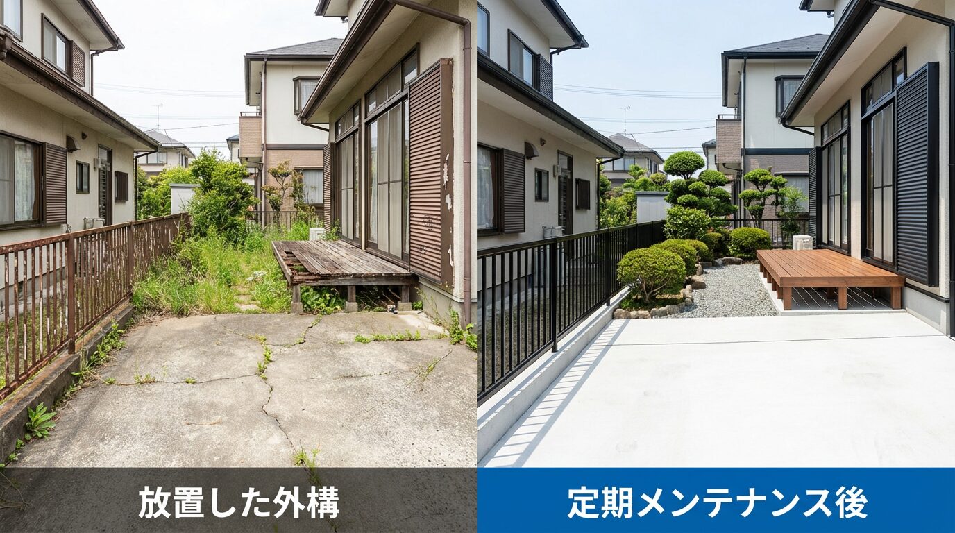 外構メンテナンスのビフォーアフター比較 - 左側は劣化した外構(ひび割れ、サビ、雑草)、右側は手入れされたきれいな外構を並べた比較画像
