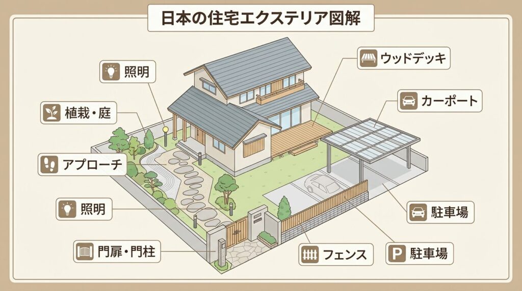 エクステリアの範囲 - 門扉、フェンス、カーポート、ウッドデッキ、植栽、アプローチなど外構設備を図解した日本の住宅イラスト