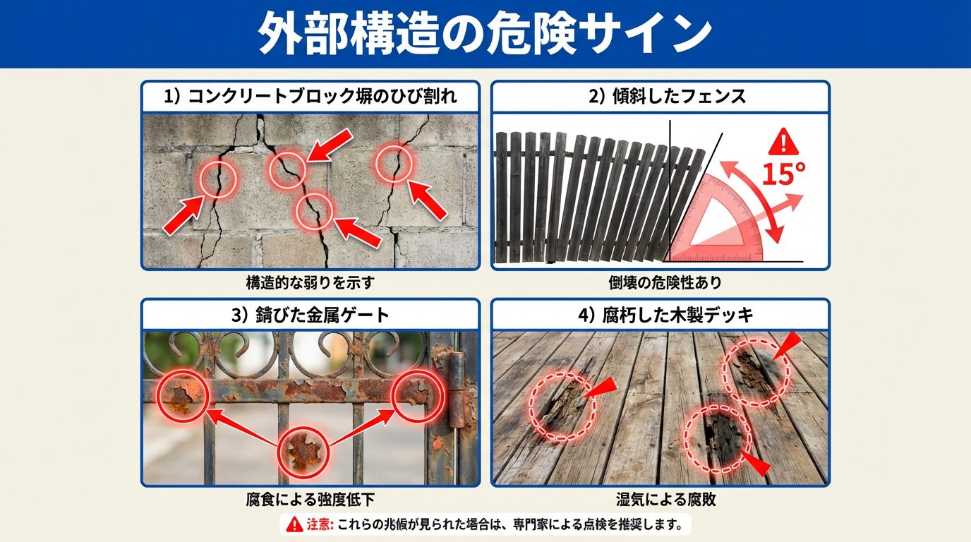 劣化した外構の危険サイン - ひび割れたブロック塀、傾いたフェンス、サビた門扉など、注意すべき劣化のポイントを赤い矢印で示した教育的な図解