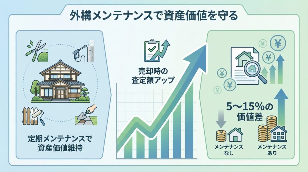 外構メンテナンスと資産価値-定期メンテナンスで資産価値が維持・向上することを示すインフォグラフィック