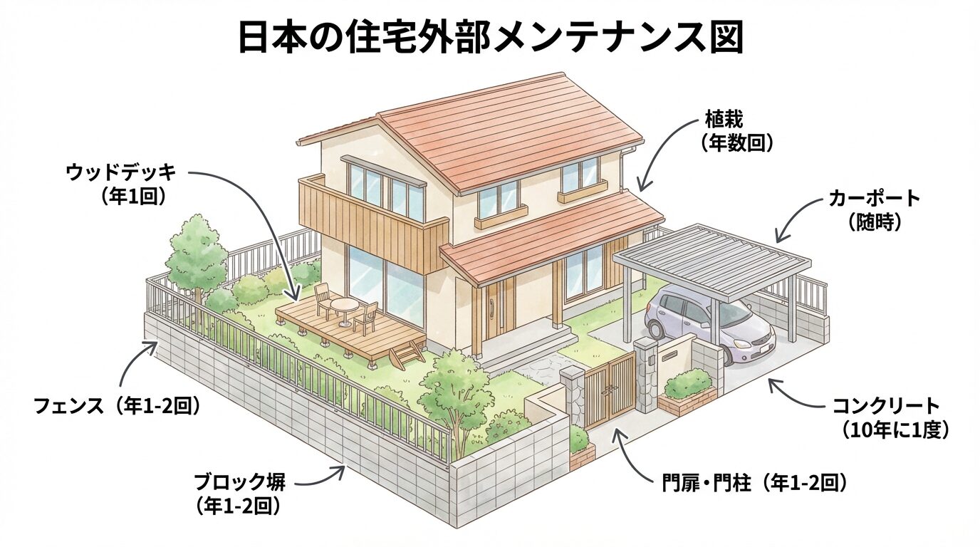 外構設備の種類とメンテナンス箇所 - 日本の住宅外観に、ウッドデッキ、ブロック塀、フェンス、門扉、コンクリート、カーポート、植栽の各設備とメンテナンス頻度を矢印とテキストで示した図解