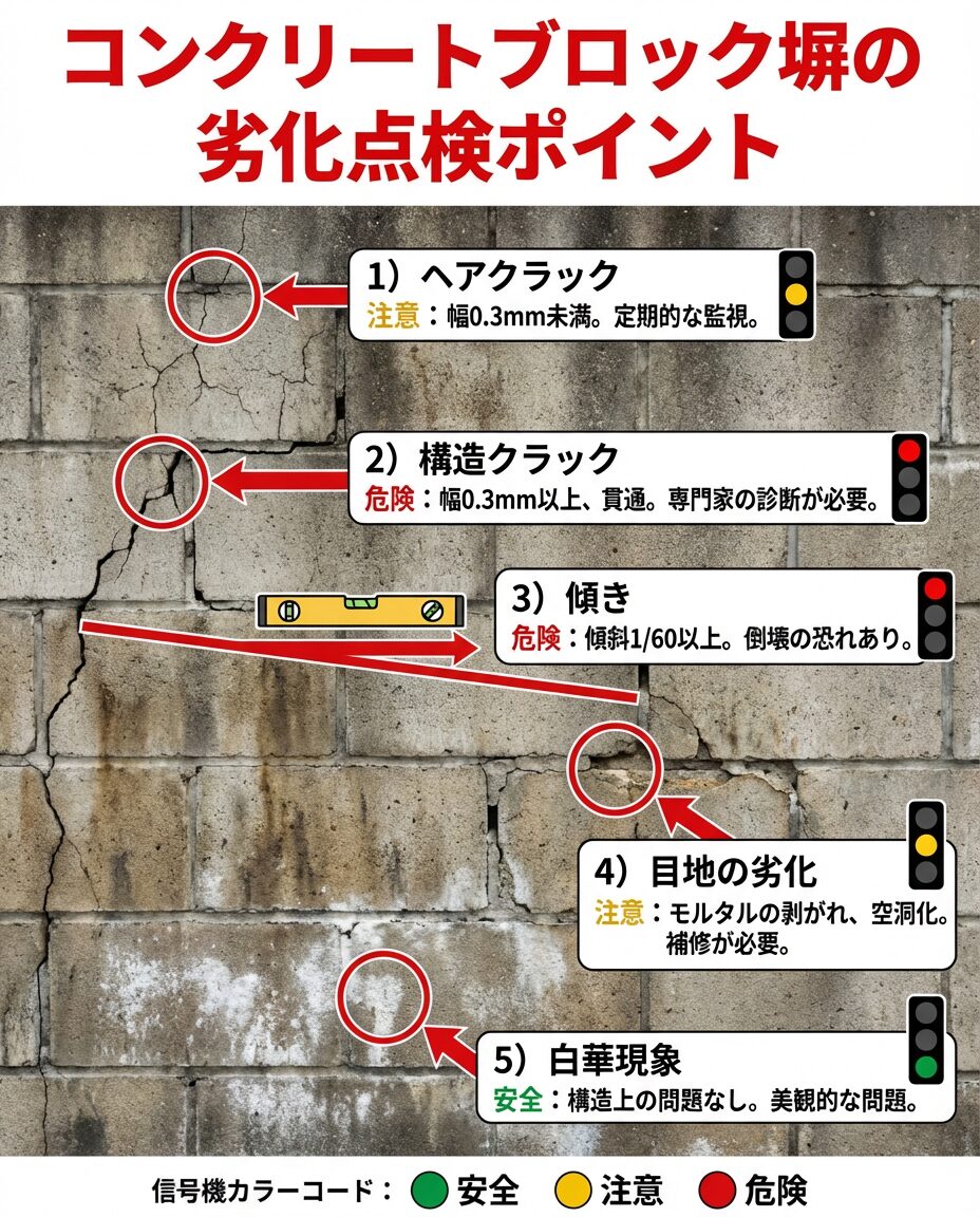 ブロック塀の劣化サインチェックポイント - ヘアクラック、構造クラック、傾き、目地の劣化、白華現象など、点検すべき箇所を番号付き赤丸と説明文で示した縦型図解