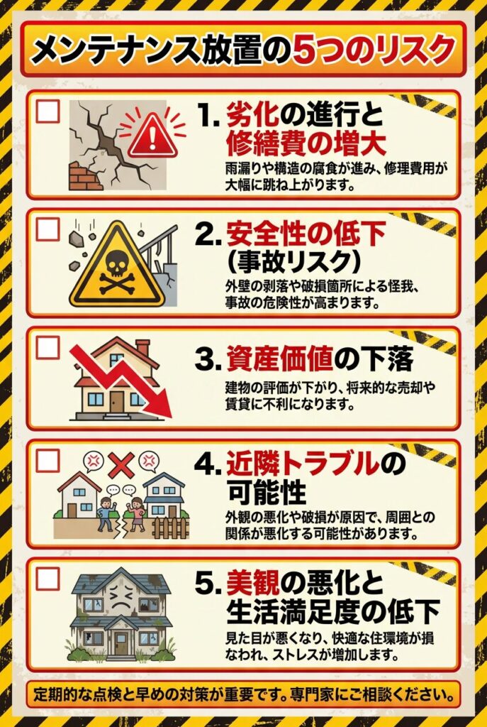 メンテナンス放置の5つのリスク - 劣化進行、安全性低下、資産価値下落、近隣トラブル、美観悪化を警告色で示したチェックリスト