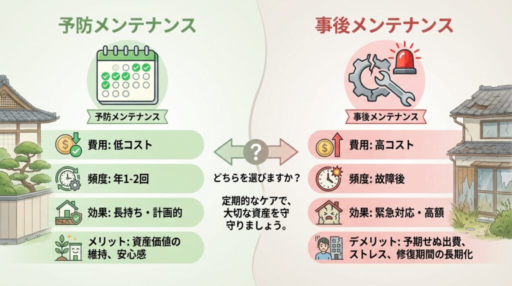 予防メンテナンスと事後メンテナンスの違い - 定期的な予防メンテナンスと故障後の事後メンテナンスの費用・期間・効果を比較した図解