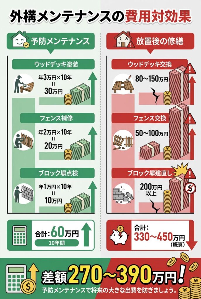 外構メンテナンスの費用対効果-予防メンテナンスと放置後の修繕費を比較した費用グラフ