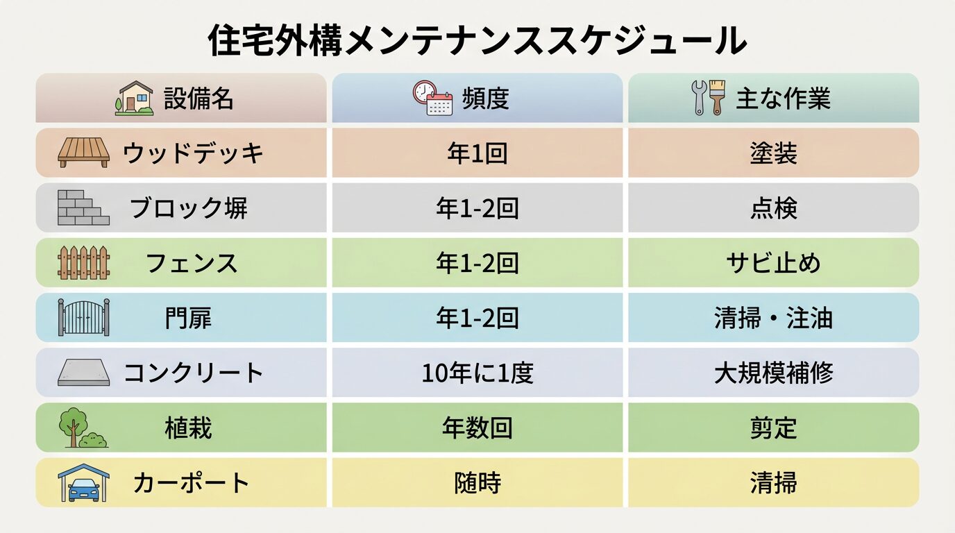 外構設備別メンテナンス頻度早見表 - ウッドデッキ、ブロック塀、フェンス、門扉、コンクリート、植栽、カーポートの各設備ごとにメンテナンス頻度と主な作業内容を一覧にした表