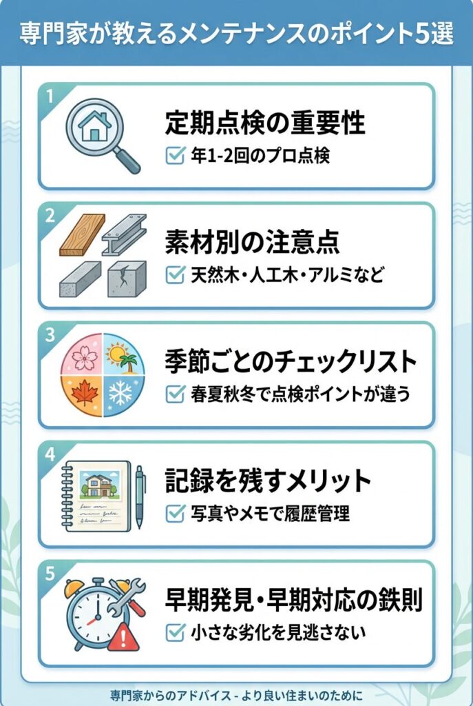 専門家が教えるエクステリアメンテナンスのポイント5選 - 定期点検、素材別注意点、季節チェック、記録管理、早期対応を日本語で一覧化
