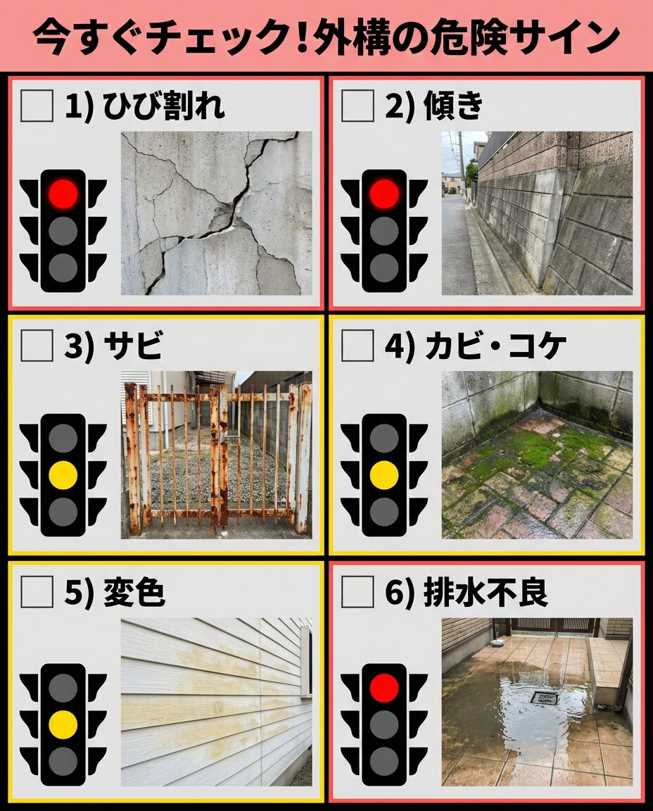 今すぐチェック!外構の危険な劣化サイン - ひび割れ、傾き、サビ、カビ・コケ、変色、排水不良など、チェックすべき劣化サインを写真付きチェックボックス形式で一覧にしたポスター
