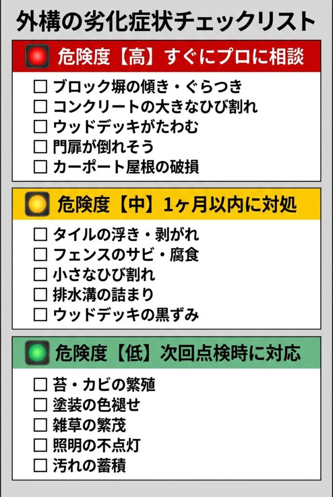 外構の劣化症状チェックリスト-ひび割れ・傾き・サビ・カビなど危険度別にチェックすべき劣化サイン一覧