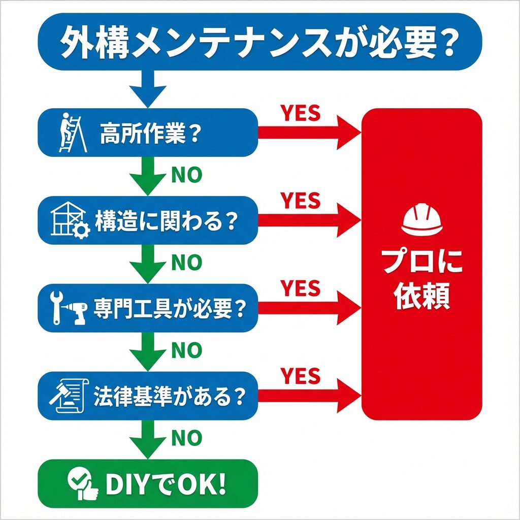 DIY or プロ?判断フローチャート - 外構メンテナンスを自分でやるかプロに依頼するかを、高所作業・構造・専門工具・法律基準の4つの質問で判断できるフローチャート図