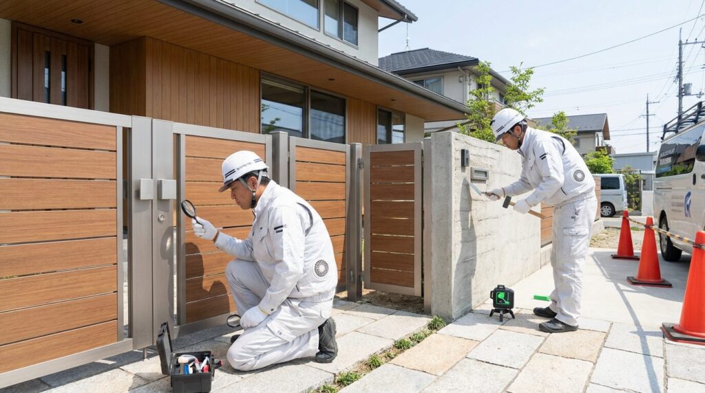 白い空調服を着た専門業者が丁寧に外構を点検・補修している信頼感のある作業風景