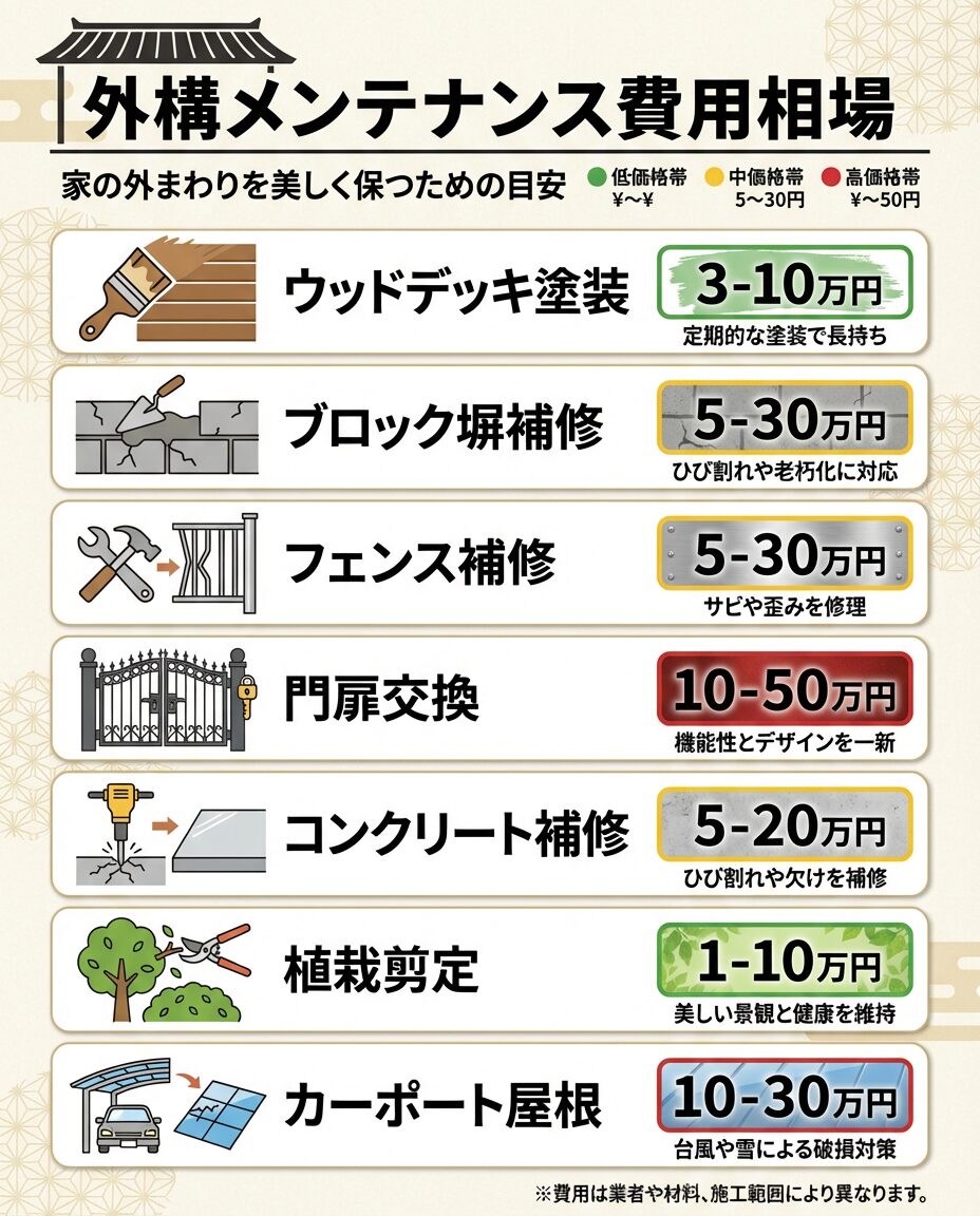 外構メンテナンス費用相場一覧 - ウッドデッキ塗装、ブロック塀補修、フェンス交換、門扉交換、コンクリート補修、植栽剪定、カーポート屋根交換の費用相場をアイコン付きで表示したインフォグラフィック