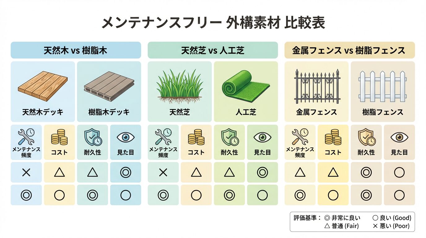 メンテナンスしやすい外構素材比較表 - 天然木vs樹脂木、天然芝vs人工芝、金属フェンスvs樹脂フェンスを、メンテナンス頻度・コスト・耐久性・見た目で比較した表