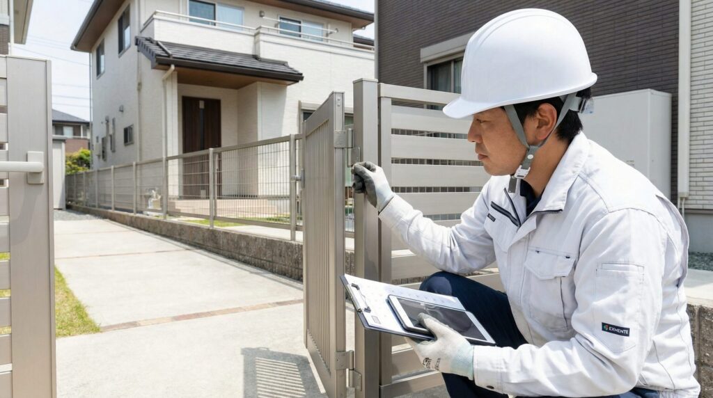 外構メンテナンスの頻度・計画性イメージ - 白い空調服の専門業者が点検している様子