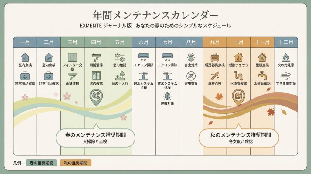 基本的なメンテナンス頻度カレンダー - 春と秋が強調された年間カレンダー