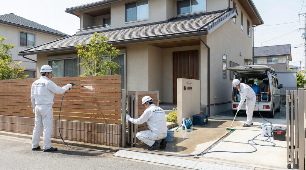 プロによる外構メンテナンス作業風景 - チームで作業する様子