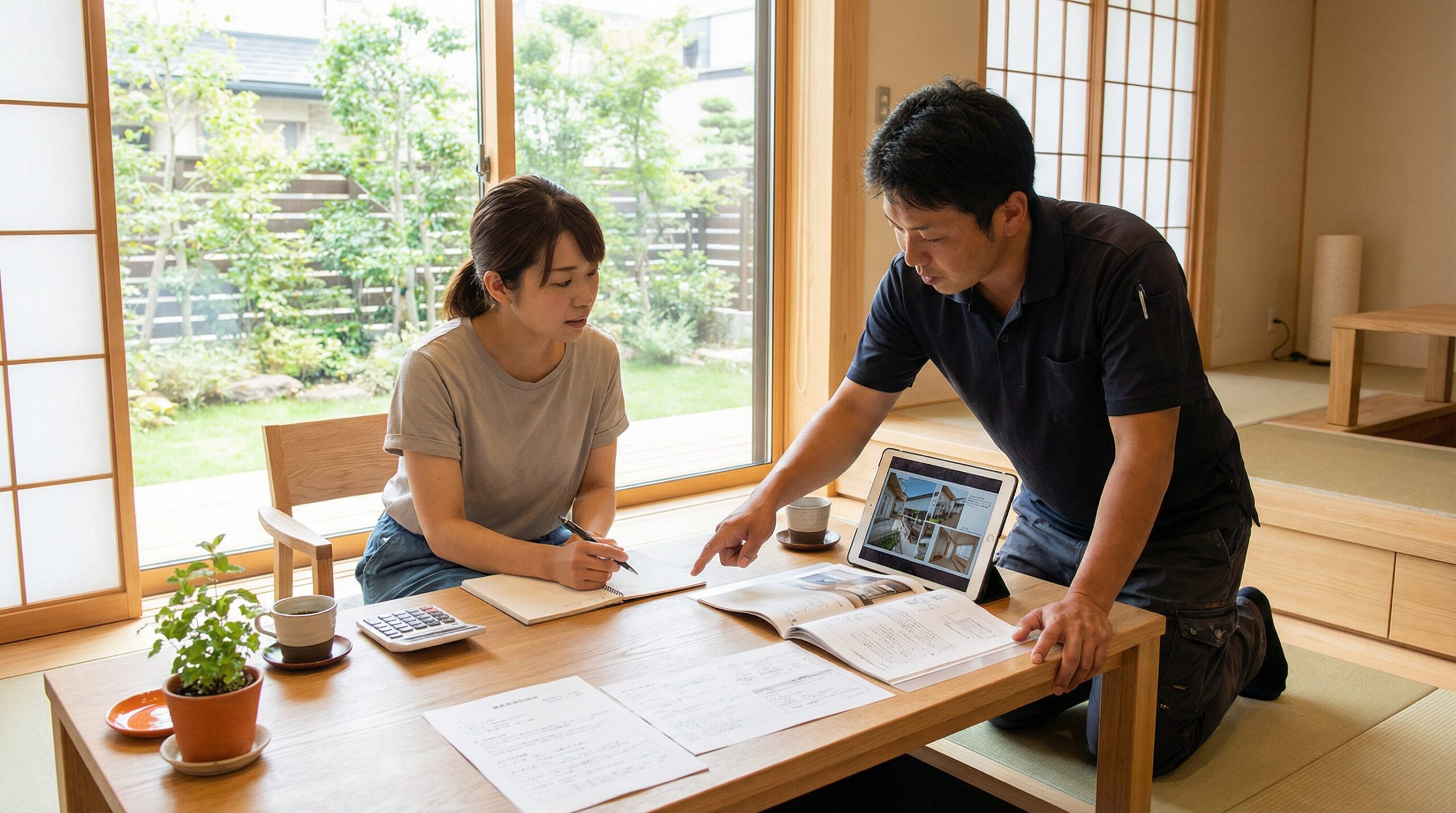 外構メンテナンス業者と打ち合わせをするオーナー