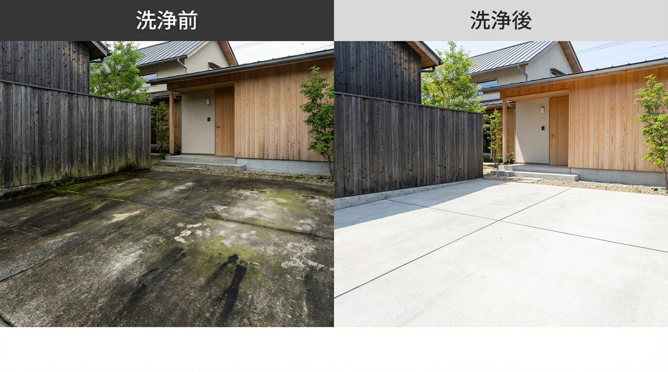 外構コンクリートの高圧洗浄_洗浄前後の比較