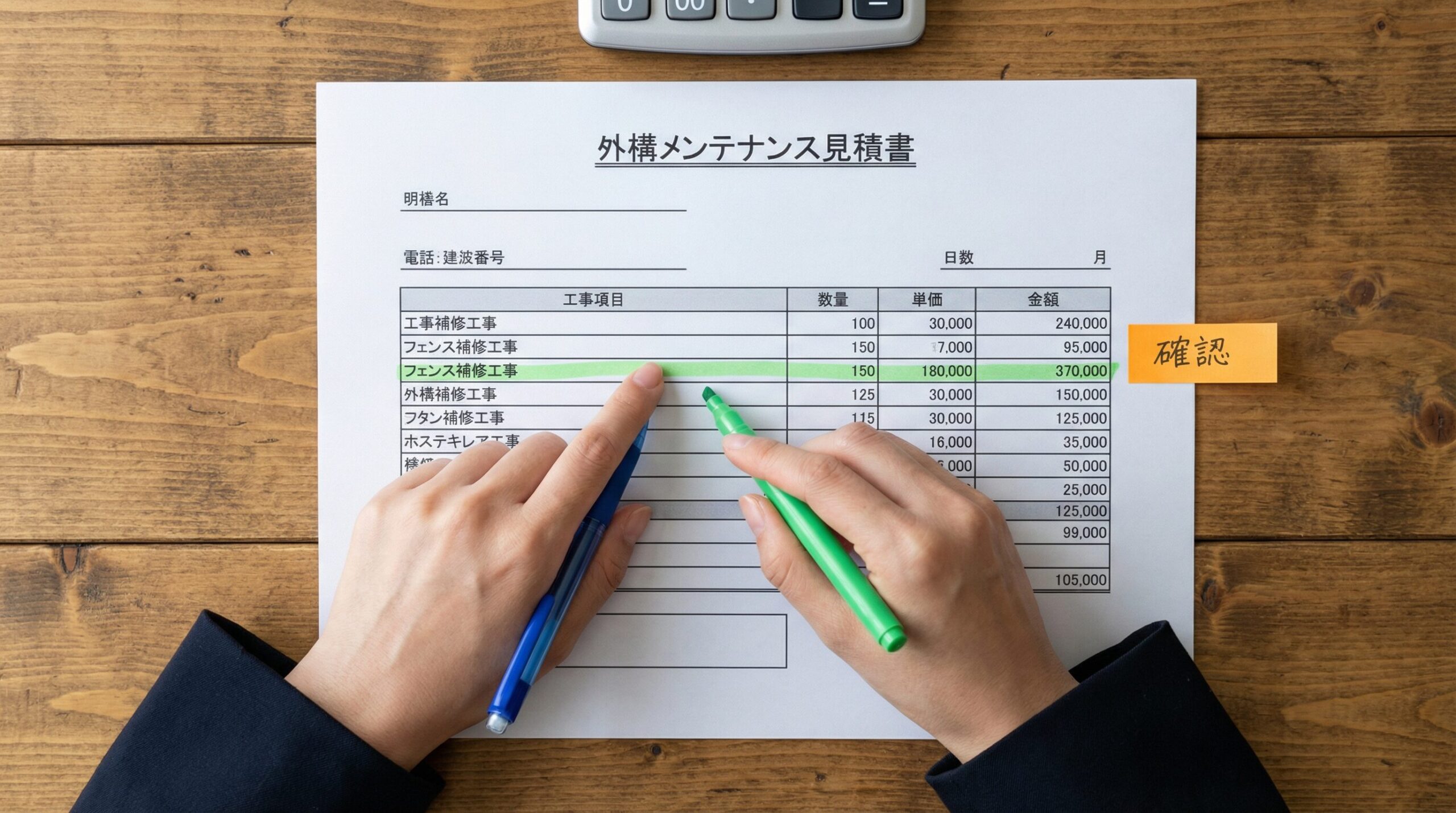 外構工事の見積書をチェックしている手元