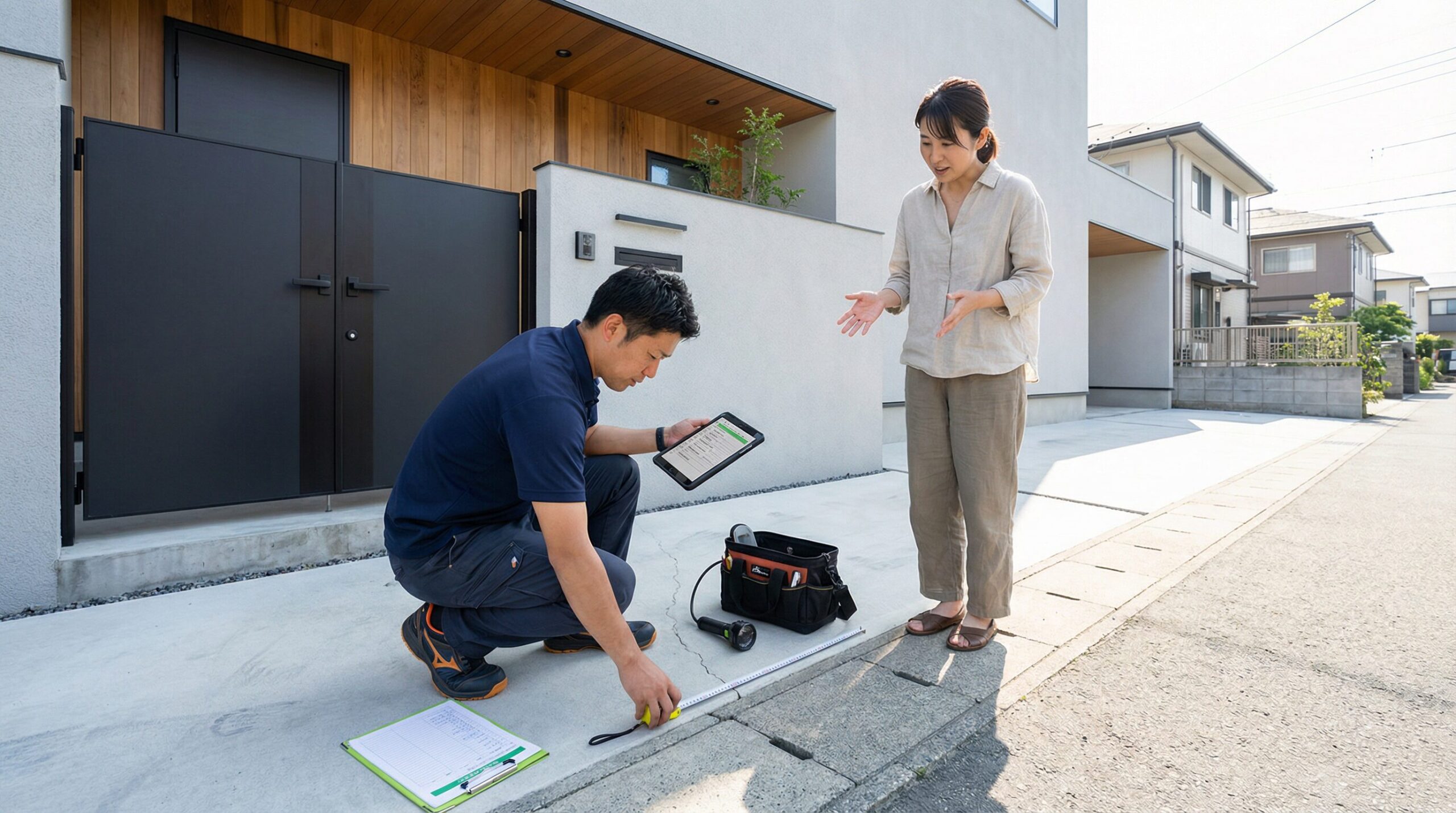 外構メンテナンス業者が現地調査をしている様子