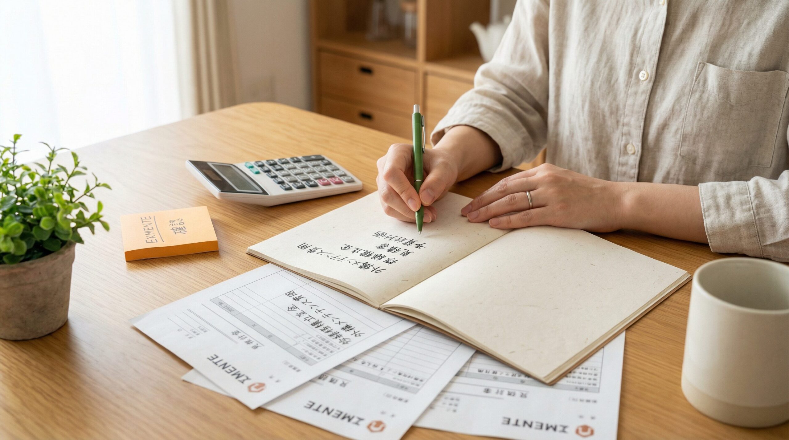 家計簿と電卓で外構メンテナンス予算を計算するイメージ