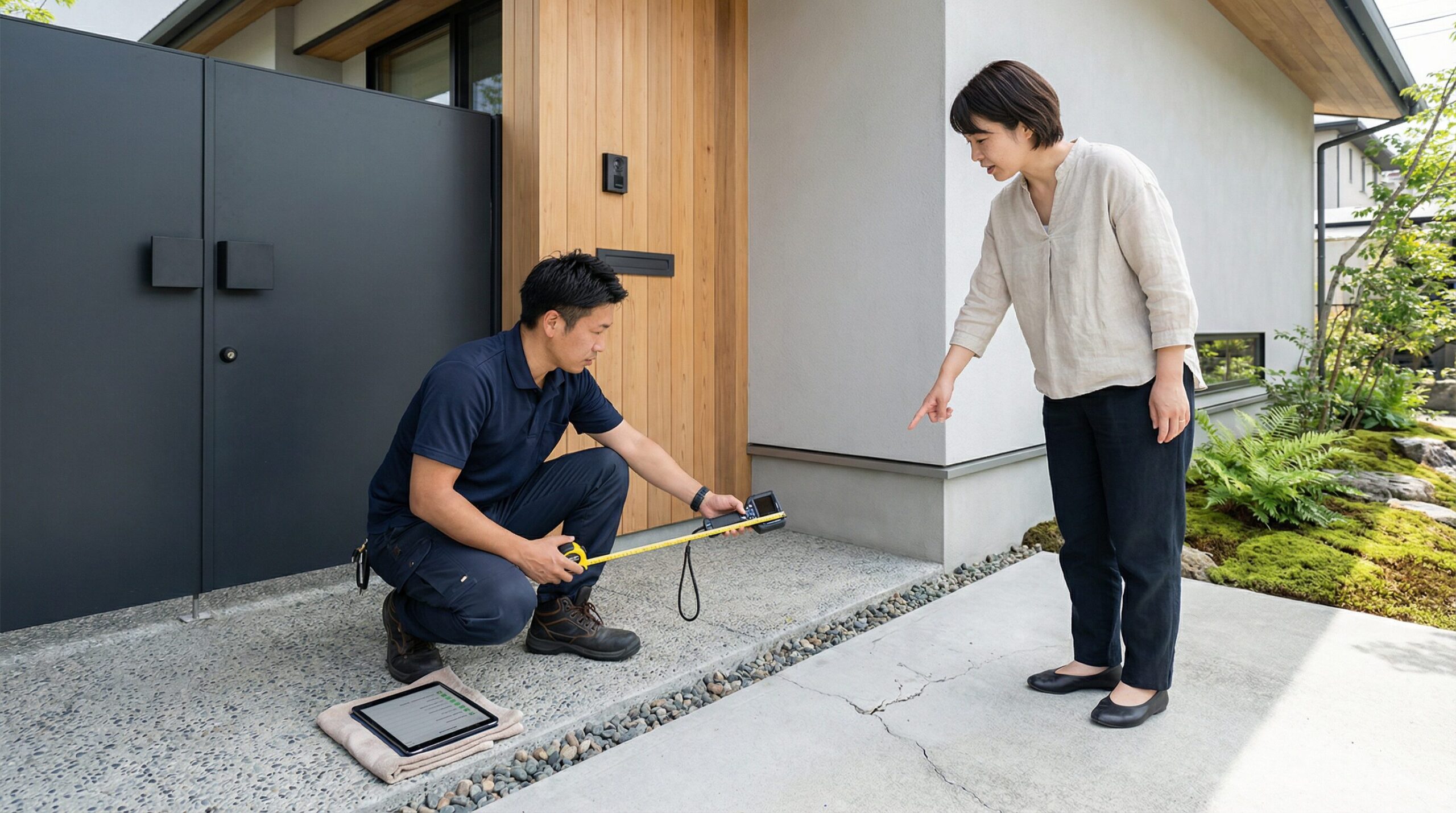 業者が外構の現地調査を行っている様子