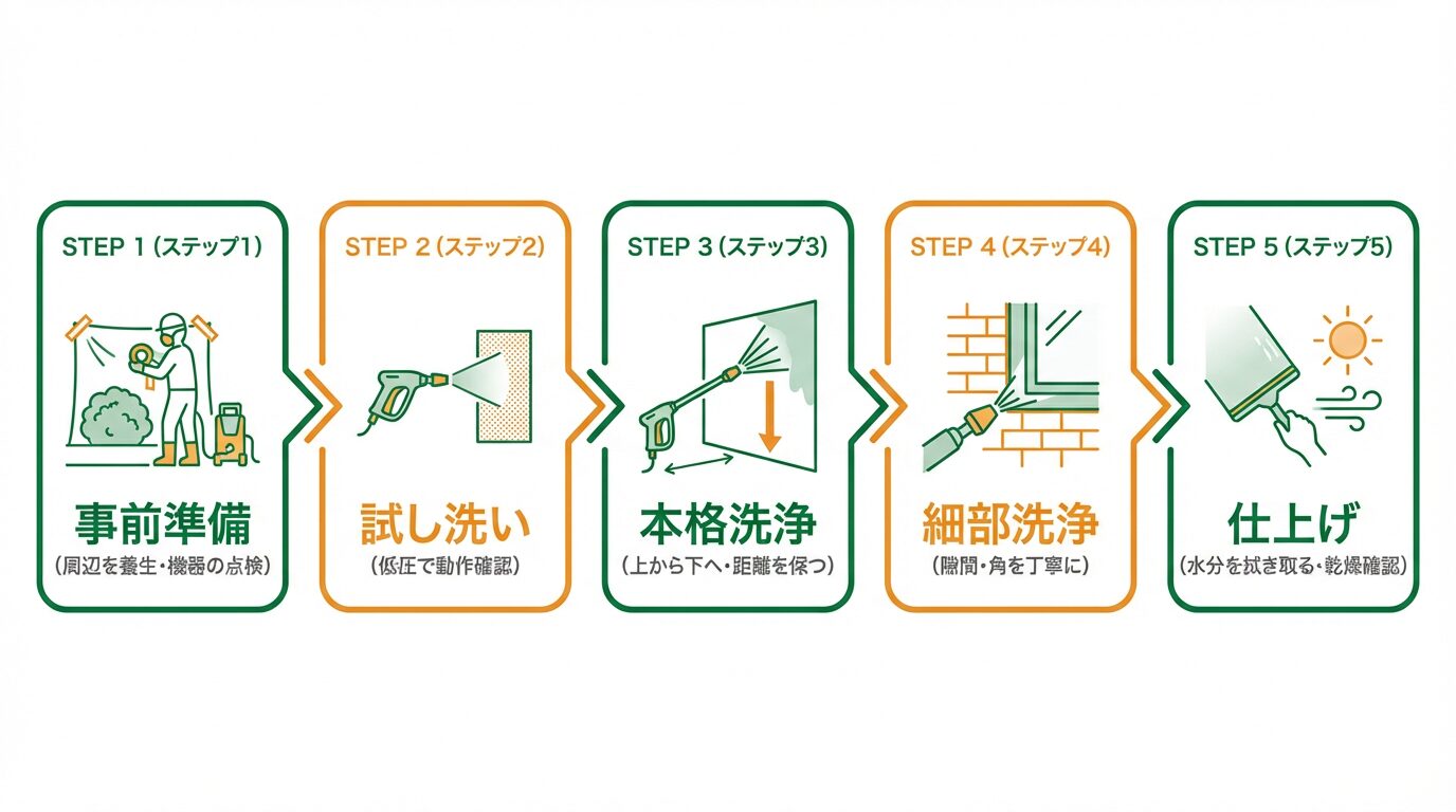 外構高圧洗浄の5ステップ手順フローチャート