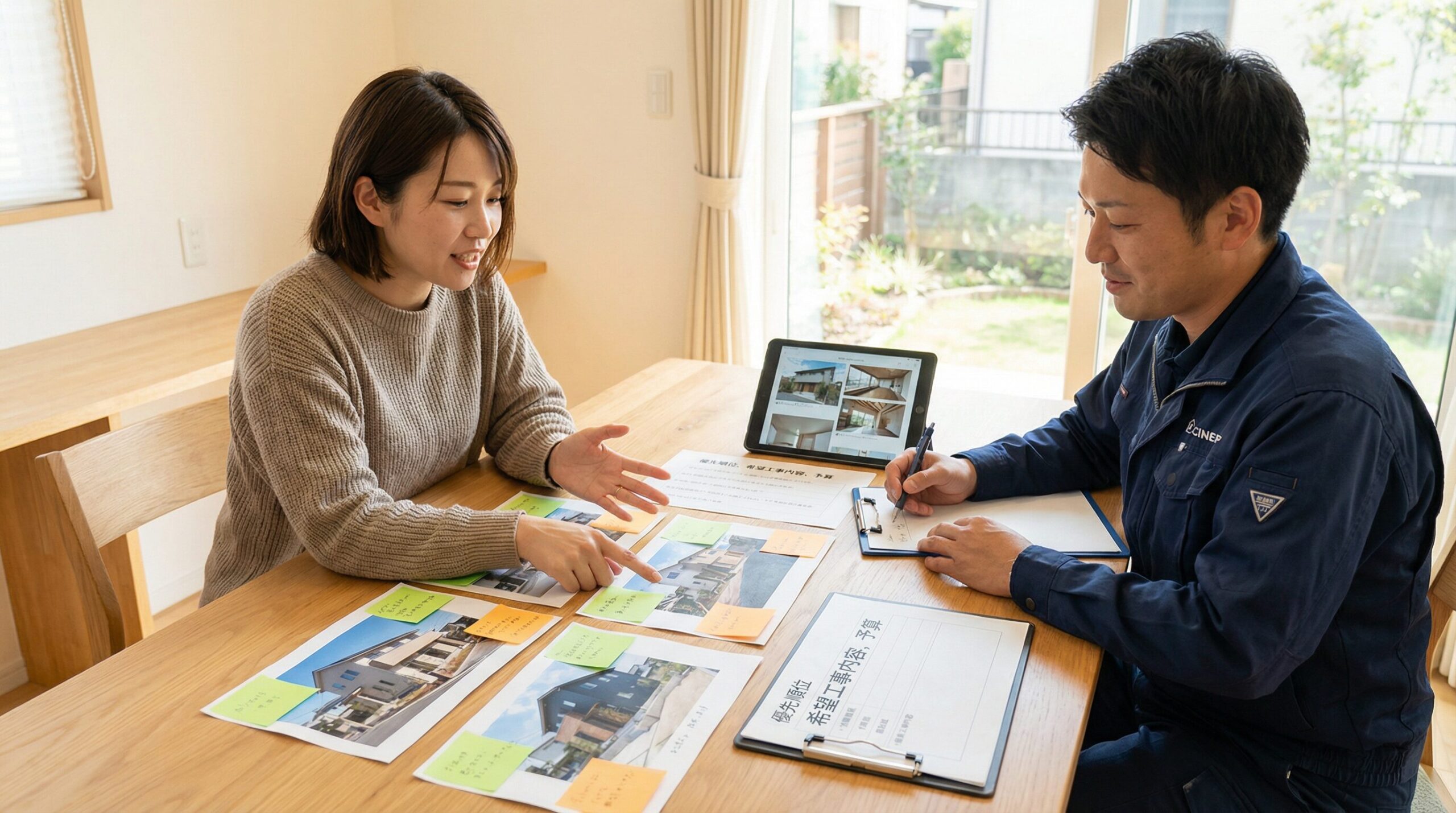 業者との打ち合わせで要望を伝えているイメージ