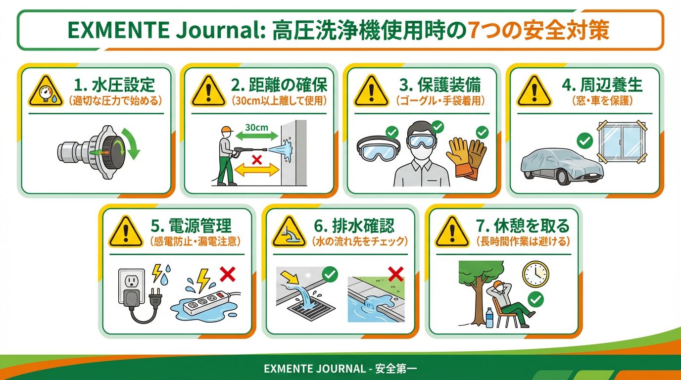 高圧洗浄機使用時の7つの注意点インフォグラフィック