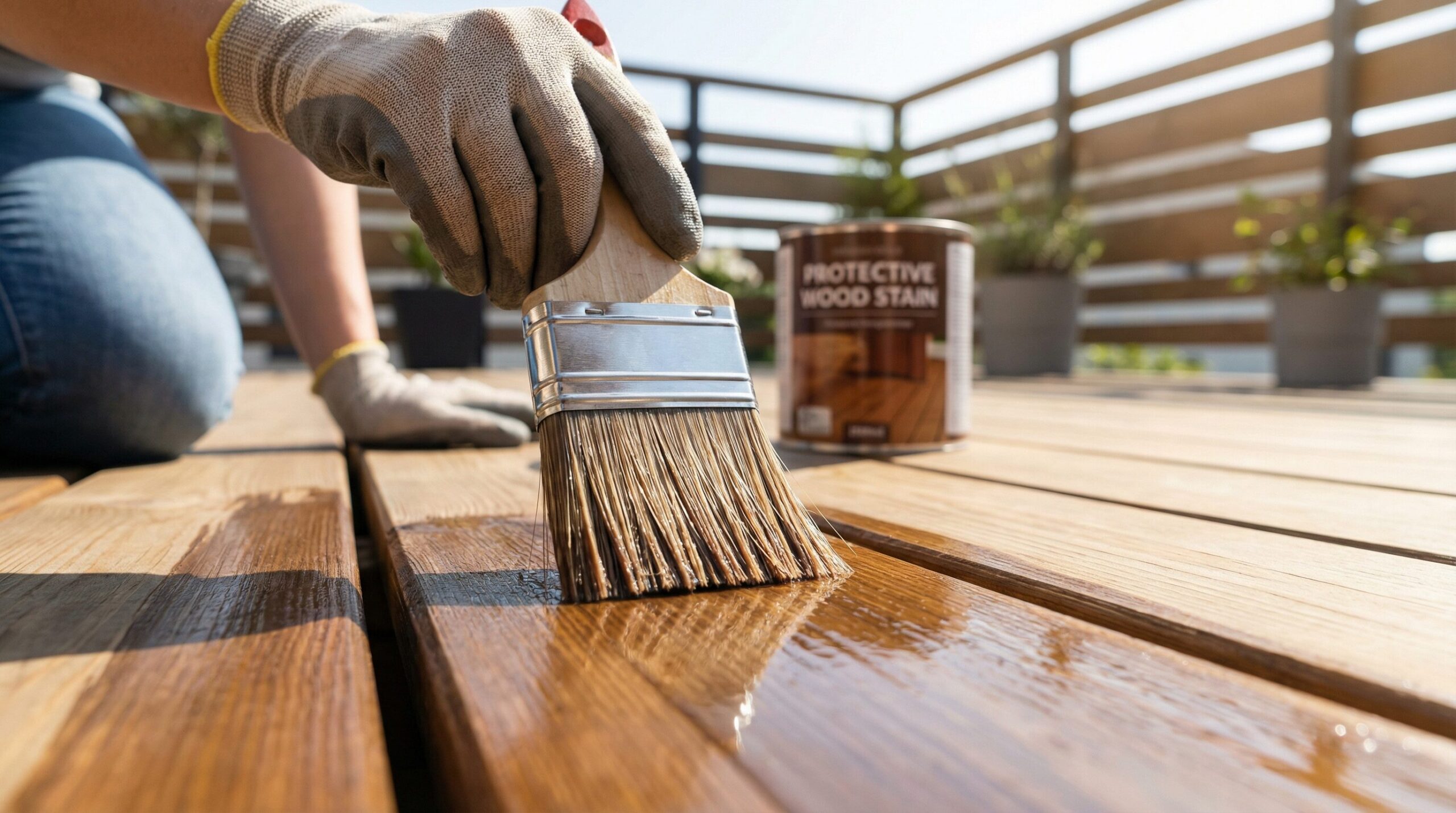 刷毛でウッドデッキに保護剤を塗布している手元