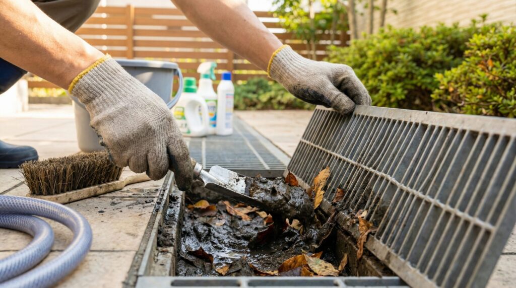 排水溝の蓋を外して清掃している手元