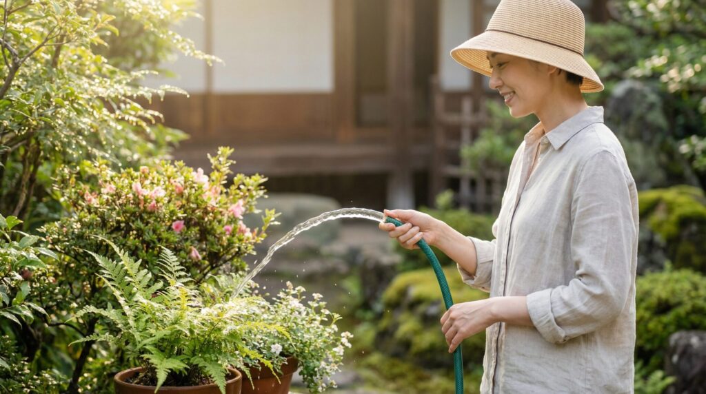 早朝にホースで水やりをしている上半身